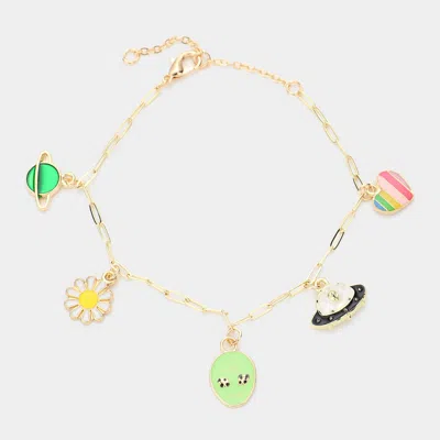 Fashnzfab Enamel Planet Flower Alien Spacecraft Heart Charm Station Bracelet Multi