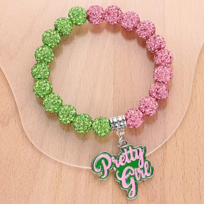 Fashnzfab Enamel Pretty Girl Message Charm Pointed Shamballa Ball Beaded Stretch Bracelet Pink & Green