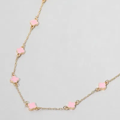 Fashnzfab Enamel Quatrefoil Station Necklace In Pink