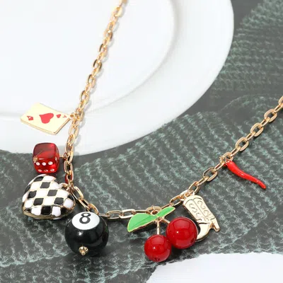 Fashnzfab Enamel Retro Checkered Heart 8-ball Cherry Dice Card Chili Western Boot Charm Station Necklace In Gold