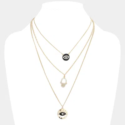 Fashnzfab Enamel Rhinestone Embellished Evil Eye Hamsa Hand Pendant Triple Layered Necklace In Black