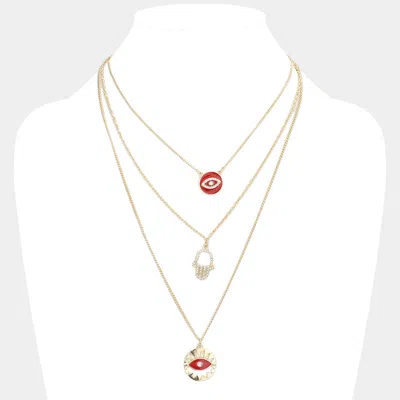 Fashnzfab Enamel Rhinestone Embellished Evil Eye Hamsa Hand Pendant Triple Layered Necklace In White