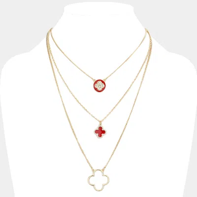 Fashnzfab Enamel Rhinestone Embellished Quatrefoil Pendant Triple Layered Necklace In White
