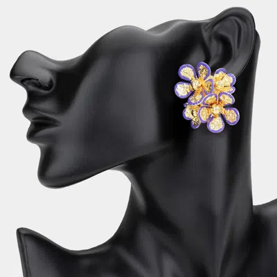 Fashnzfab Enamel Rim Textured Metal Flower Bloom Earrings In Purple