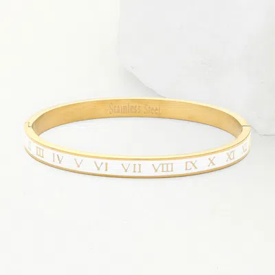 Fashnzfab Enamel Roman Numeral Embossed Stainless Steel Hinged Bangle Bracelet Gold, White