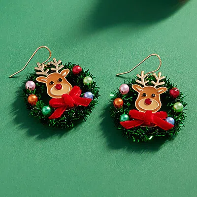Fashnzfab Enamel Rudolph Christmas Wreath Dangle Earrings In Multi