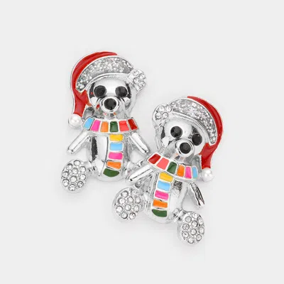 Fashnzfab Enamel Santa Bear Stone Embellished Earrings - Multi, Rhodium In Silver