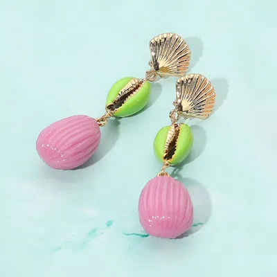 Fashnzfab Enamel Sea Shell Puka Shell Link Drop Earrings - Green