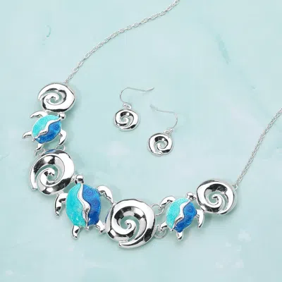Fashnzfab Enamel Sea Turtle Metal Wave Link Necklace In Silver