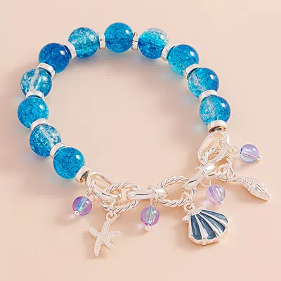Fashnzfab Enamel Seashell Metal Starfish Beads Charm Beaded Stretch Bracelet Blue