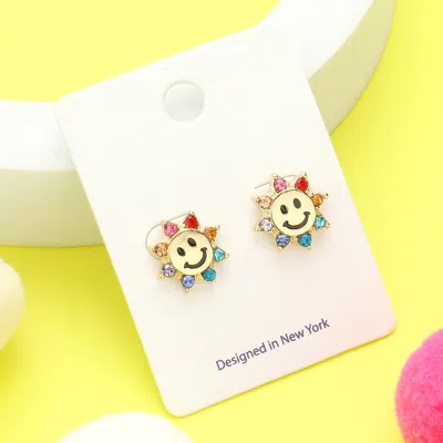 Fashnzfab Enamel Smile Face Flower Stud Earrings Gold, Multi