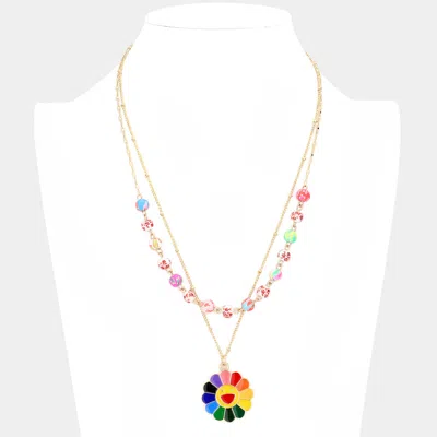Fashnzfab Enamel Smile Pendant Flower Patterned Beaded Double Layered Necklace In Gold
