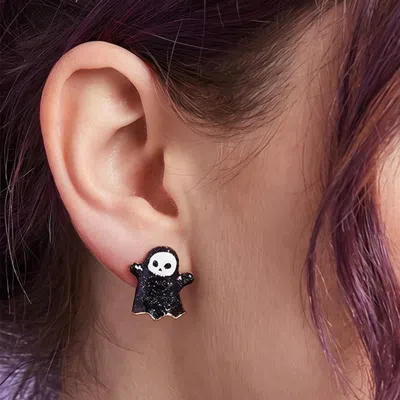 Fashnzfab Enamel Sparkly Halloween Ghost Stud Earrings In Black