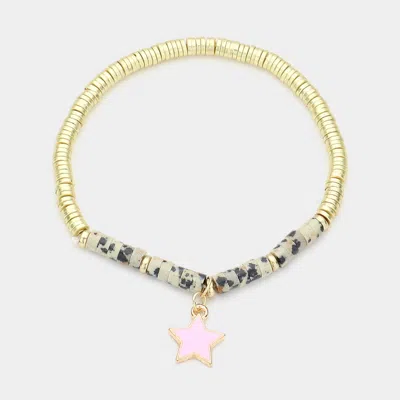 Fashnzfab Enamel Star Charm Natural Stone Stretch Bracelet Black, Neutral In Multi