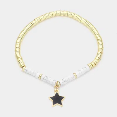 Fashnzfab Enamel Star Charm Natural Stone Stretch Bracelet In Gold