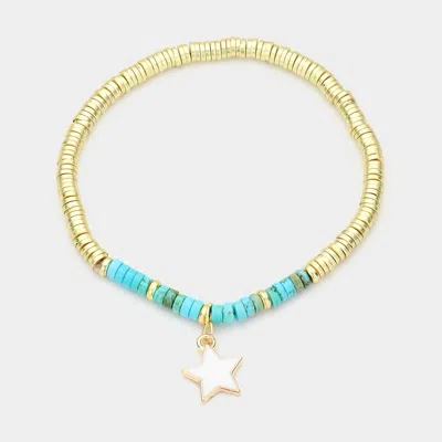 Fashnzfab Enamel Star Charm Natural Stone Stretch Bracelet Turquoise In Gold