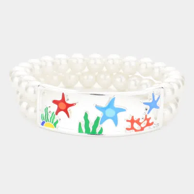 Fashnzfab Enamel Starfish Coral Accented Double Layered Pearl Stretch Bracelet Multi, Silver