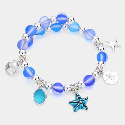 Fashnzfab Enamel Starfish Metal Shell Stone Charm Beaded Adjustable Bracelet In Blue