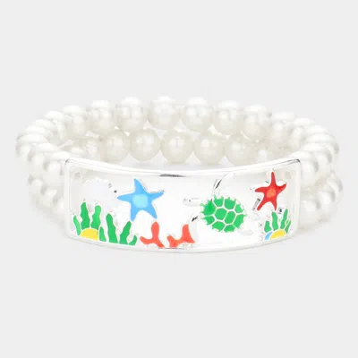 Fashnzfab Enamel Starfish Turtle Coral Accented Double Layered Pearl Stretch Bracelet Multi, Silver