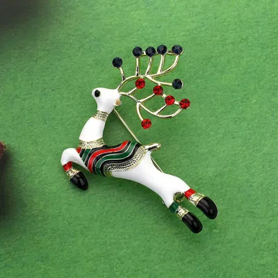Fashnzfab Enamel Stone Embellished Christmas Reindeer Pin Brooch In Gold