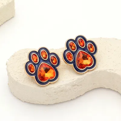 Fashnzfab Enamel Stone Game Day Paw Stud Earrings In Brown