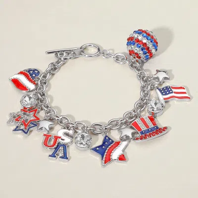 Fashnzfab Enamel Stone Paved American Usa Flag Message Shamballa Ball Charm Embellished Toggle Bracelet Multi,