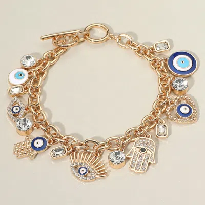 Fashnzfab Enamel Stone Paved Evil Eye Hamsa Hand Stone Bezel Charm Embellished Toggle Bracelet Gold, Multi