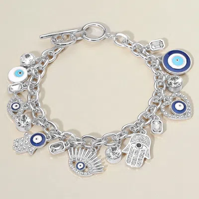 Fashnzfab Enamel Stone Paved Evil Eye Hamsa Hand Stone Bezel Charm Embellished Toggle Bracelet In Metallic