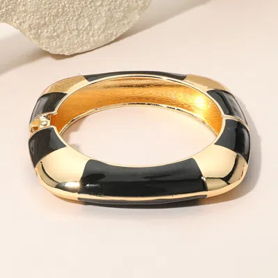 Fashnzfab Enamel Striped Accent Flat Square Hinged Bangle Bracelet In Black