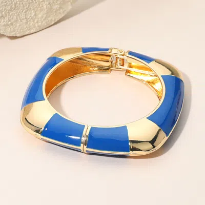 Fashnzfab Enamel Striped Accent Flat Square Hinged Bangle Bracelet In Gold