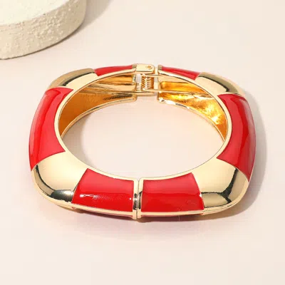 Fashnzfab Enamel Striped Accent Flat Square Hinged Bangle Bracelet In Red