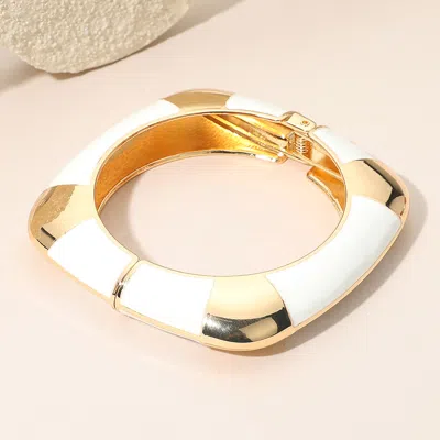Fashnzfab Enamel Striped Accent Flat Square Hinged Bangle Bracelet In Silver