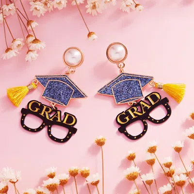 Fashnzfab Enamel Tassel Grad Hat Glasses Pearl Dangle Earrings In Blue