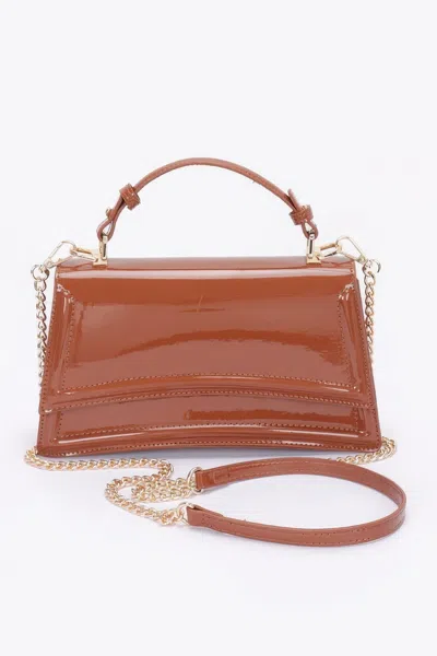 Fashnzfab Enamel Top Handle Flap Bag In Brown