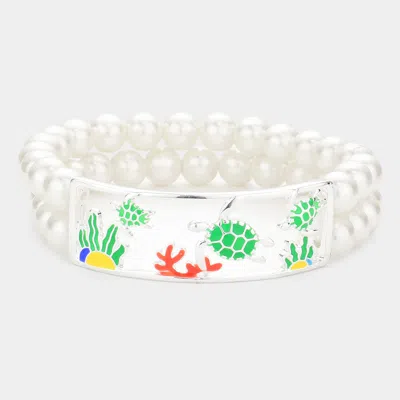 Fashnzfab Enamel Turtle Coral Accented Double Layered Pearl Stretch Bracelet Multi, Silver