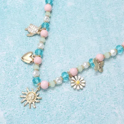 Fashnzfab Enamel Turtle Flower Metal Heart Sun Butterfly Charm Station Pearl Faceted Beaded Necklace In Multi