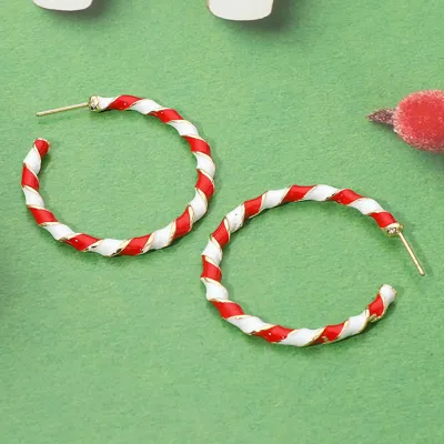 Fashnzfab Enamel Twisted Christmas Candy Cane Hoop Earrings - Red, White In Multi