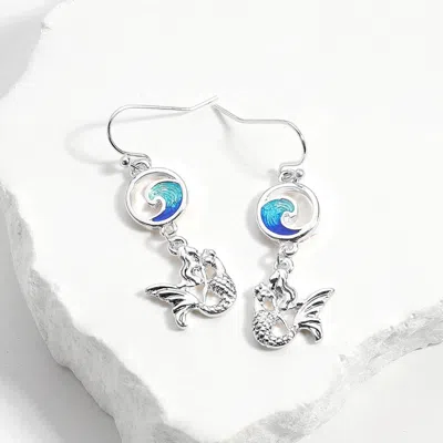 Fashnzfab Enamel Wave Antique Metal Mermaid Link Dangle Earrings In Blue