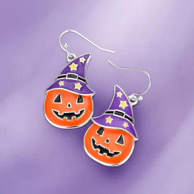 Fashnzfab Enamel Witch Hat Pumpkin Dangle Earrings In Silver