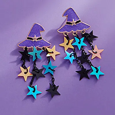 Fashnzfab Enamel Witch Hat Star Tassel Earrings In Blue
