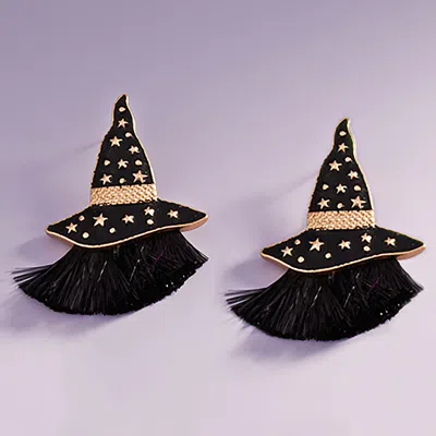 Fashnzfab Enamel Witch Hat With Tassel Earrings In Black