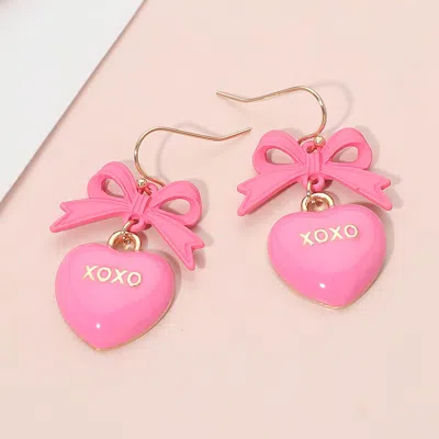 Fashnzfab Enamel Xoxo Heart Drop Bow Link Dangle Earrings In Pink
