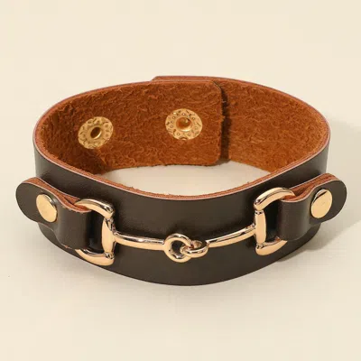 Fashnzfab Equestrian-inspired Horsebit Accent Faux Leather Snap Bracelet Brown, Gold In Multi