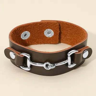 Fashnzfab Equestrian-inspired Horsebit Accent Faux Leather Snap Bracelet Brown, Rhodium In Multi