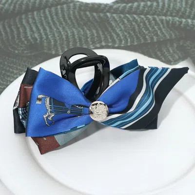 Fashnzfab Equestrian Pattern Printed Bow Hair Claw Clips 6" X 2.75" In Blue