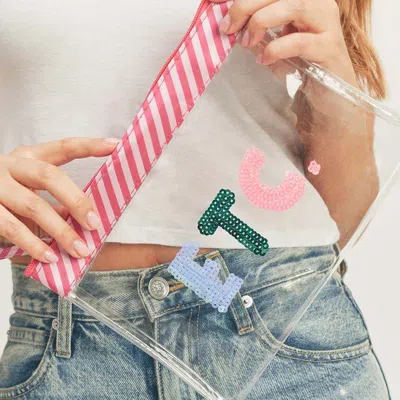 Fashnzfab Etc Sequin Message Wristlet Transparent Clutch Bag In Pink