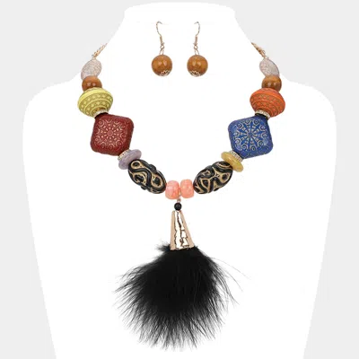 Fashnzfab Ethic Chunky Wooden Natural Stone Beaded Feather Pendant Statement Necklace In Multi