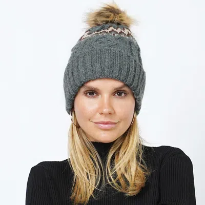 Fashnzfab Ethnic Knit Beanie With Pom Pom In Gray