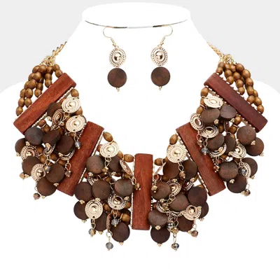 Fashnzfab Ethnic Vintage Wooden Bib Necklace In Brown