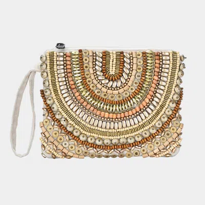 Fashnzfab Ethnic Wood Metal Beaded Front Pouch Bag With Wristlet In Gold
